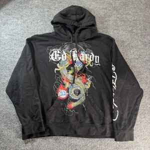 Ed Hardy Hoodie Mens 2XL Black Pullover Fleece Dragon Graphic Tattoo Sleeve